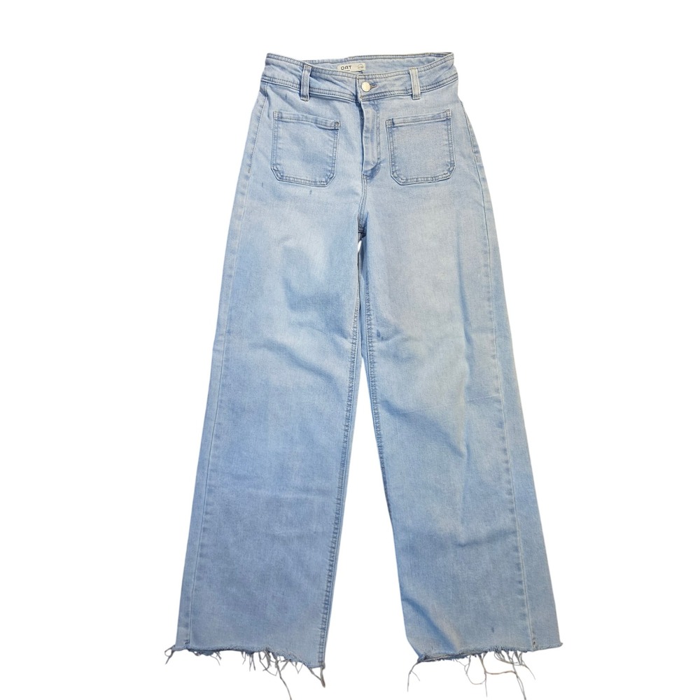 OAT New York Women Light Wash High Rise Wide Leg Raw Hem Patch Pocket Jeans 6/28